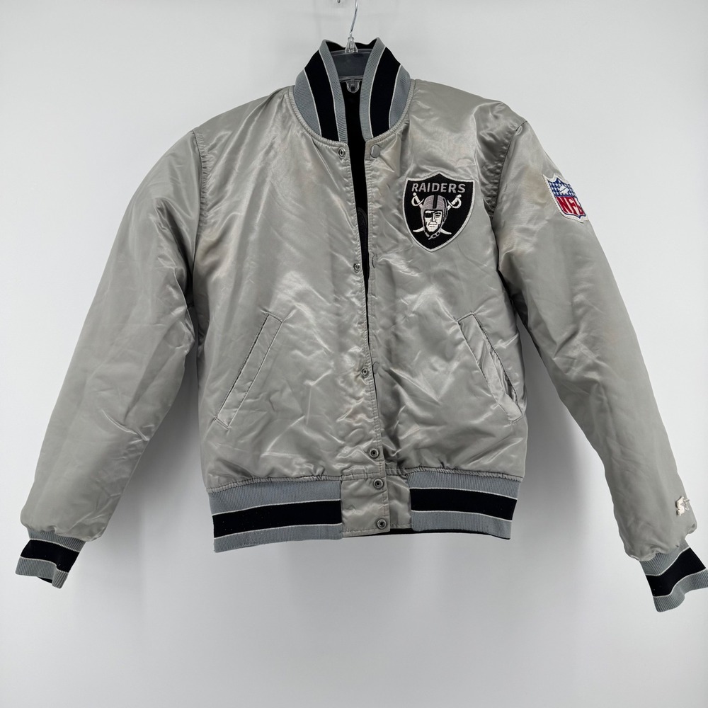VTG 80's Starter Raiders Satin Jacket Small Reversible Bomber NFL Spellout - Picture 9 of 14